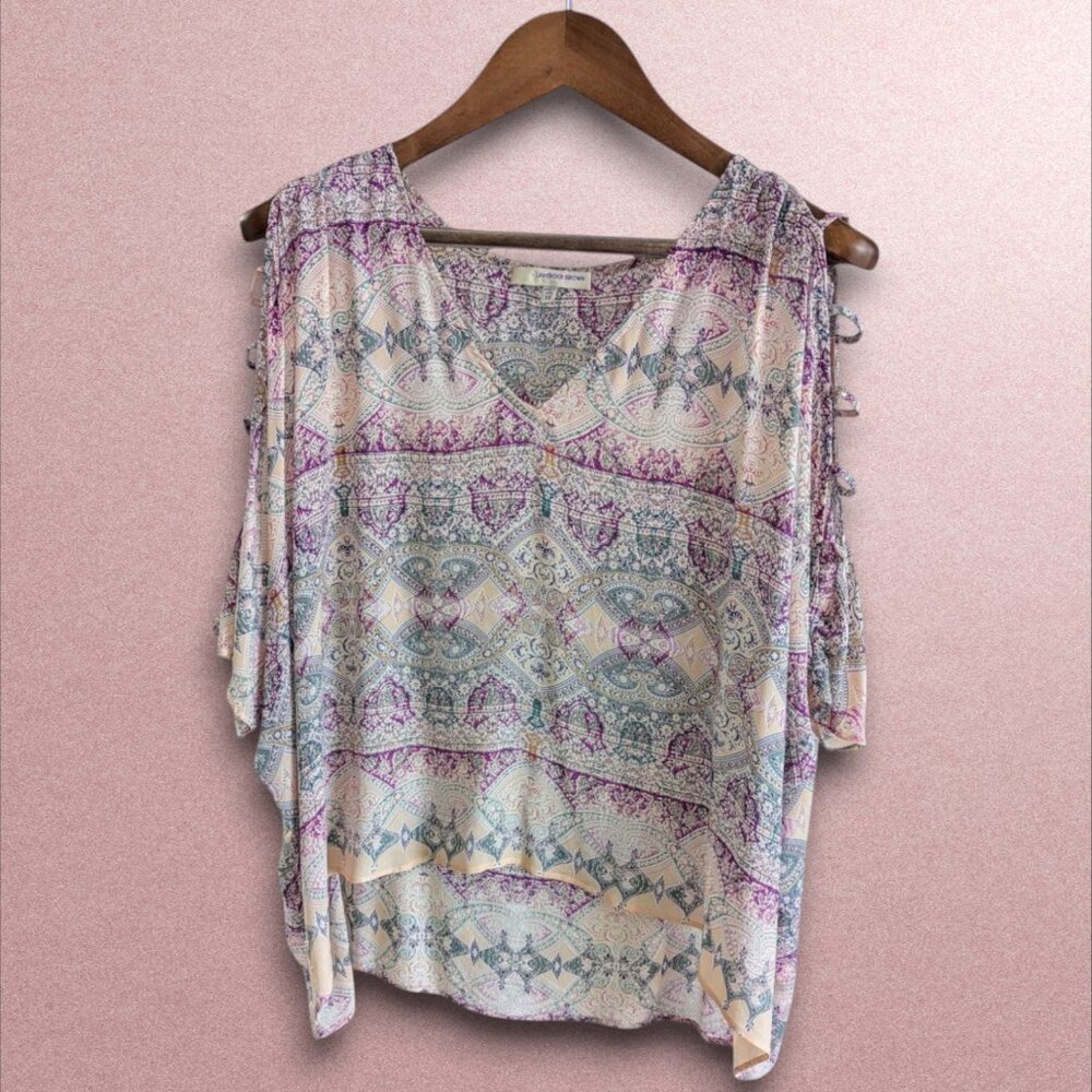 Lavender Brown NWOT XS Boho Kaftan V-Neck Blouse Sleeve Cutouts Purple Teal